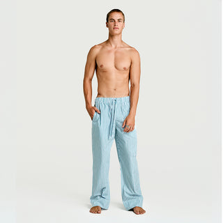 Mens Sleep Pant in Green Blue White Stripe  100% BCI Cotton, Made in Portugal