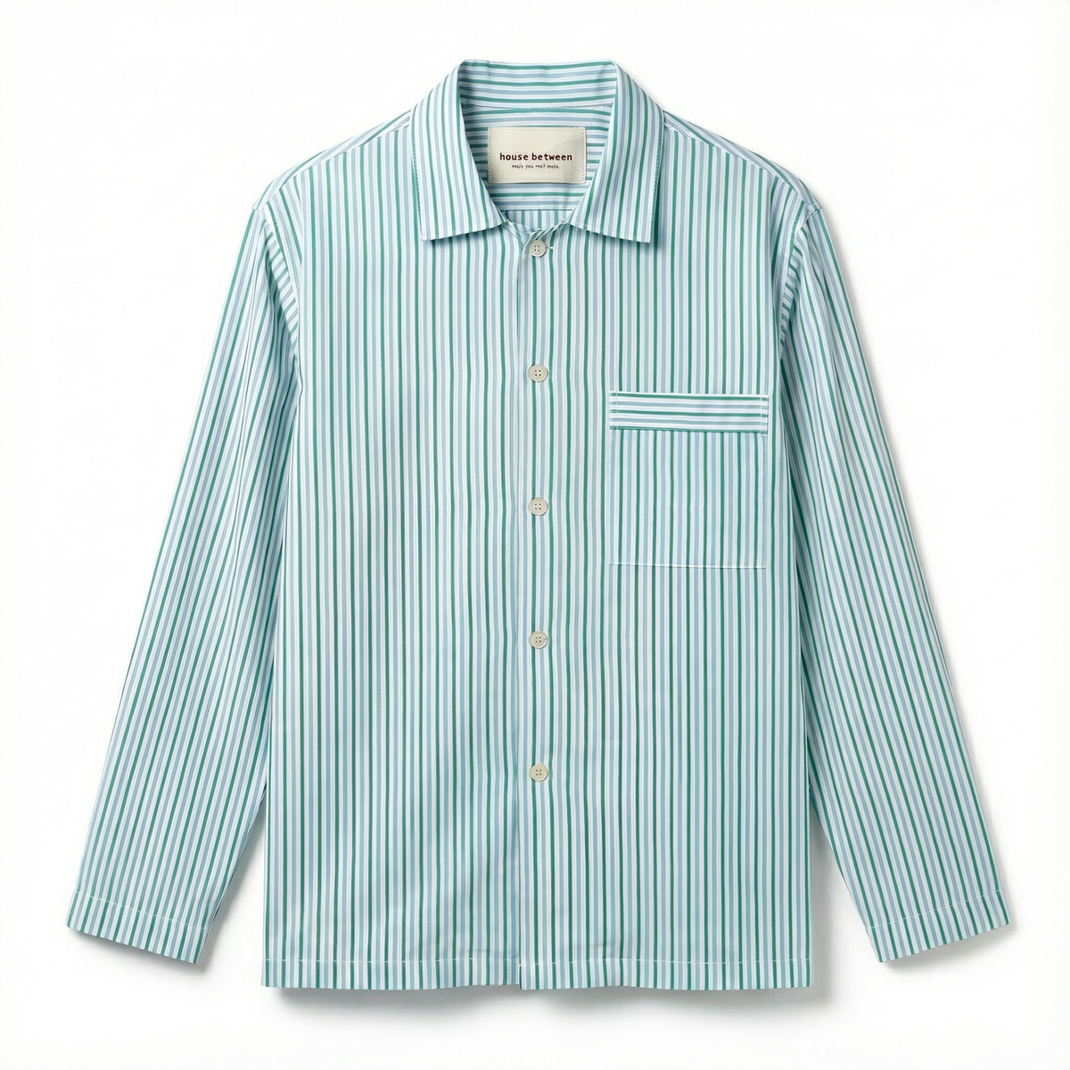 Mens Long Sleeve Sleepwear (Pajamas) Shirt in Ls Green Blue White Stripe  100% BCI Cotton, Made in Portugal