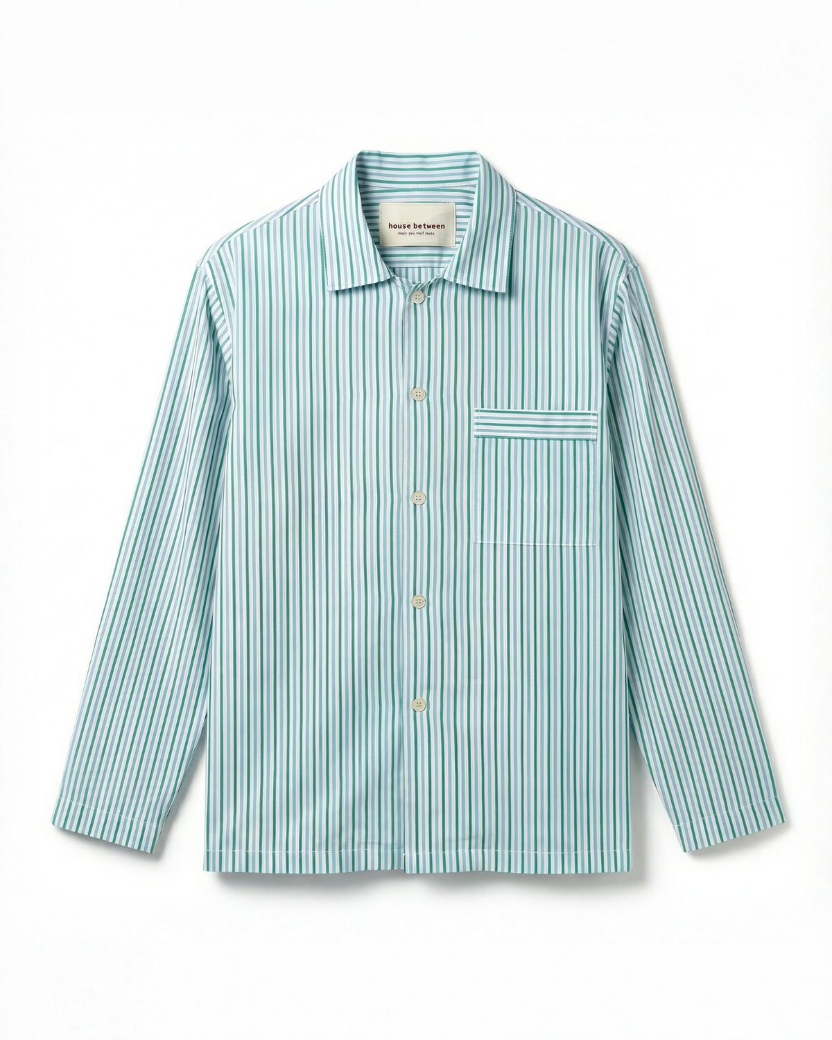 Mens Long Sleeve Sleepwear (Pajamas) Shirt in Ls Green Blue White Stripe  100% BCI Cotton, Made in Portugal