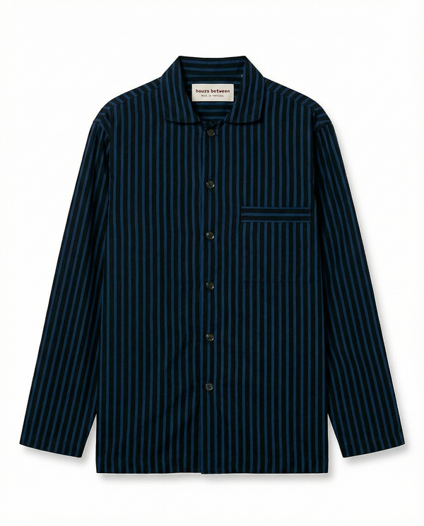 Mens Long Sleeve Sleepwear (Pajamas) Shirt in Ls Nav Black Stripe  100% BCI Cotton, Made in Portugal