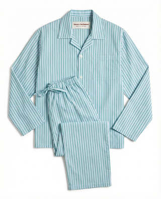 
  Mens Long Sleeve and Pant Sleepwear (Pajamas) Set in Green Blue White Stripe 100% BCI Cotton, Made in Portugal
