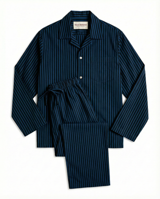 
  Mens Long Sleeve & Pant Sleepwear (Pajamas) Set in Navy Black Stripe 100% BCI Cotton, Made in Portugal
