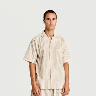 
  Mens Short Sleeve Sleepwear (Pajamas) Shirt in Latte Stripe  100% BCI Cotton, Made in Portugal
