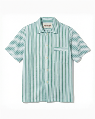 
  Mens Short Sleeve Sleepwear (Pajamas) Shirt in Green Blue White Stripe  100% BCI Cotton, Made in Portugal
