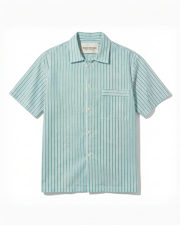 Mens Short Sleeve Sleepwear (Pajamas) Shirt in Green Blue White Stripe  100% BCI Cotton, Made in Portugal