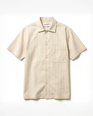 
  Mens Short Sleeve Sleepwear (Pajamas) Shirt in Latte Stripe  100% BCI Cotton, Made in Portugal
