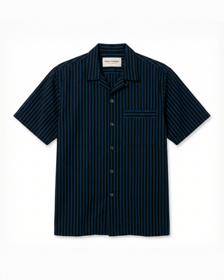 
  Mens Short Sleeve Sleepwear (Pajamas) Shirt in Nav Black Stripe  100% BCI Cotton, Made in Portugal
