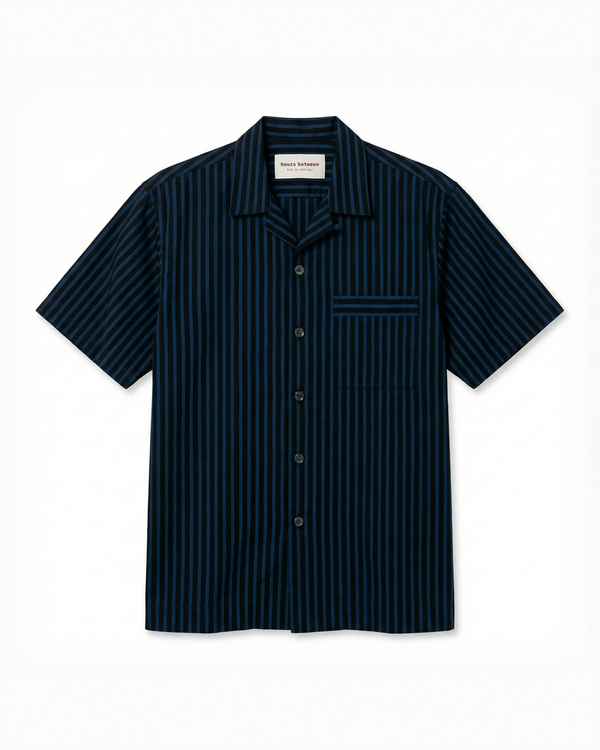 Mens Short Sleeve Sleepwear (Pajamas) Shirt in Nav Black Stripe  100% BCI Cotton, Made in Portugal