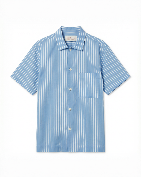 Mens Short Sleeve Sleepwear (Pajamas) Shirt in Sky Blue Stripe  100% BCI Cotton, Made in Portugal
