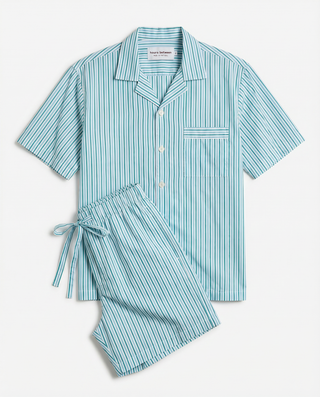 
  Mens Short Sleeve and Short Sleepwear (Pajamas) Set in Green Stripe, 100% BCI Cotton, Made in Portugal
