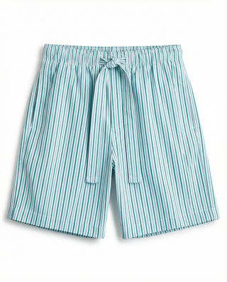
  Mens Sleep Short in Green Blue White Stripe  100% BCI Cotton, Made in Portugal
