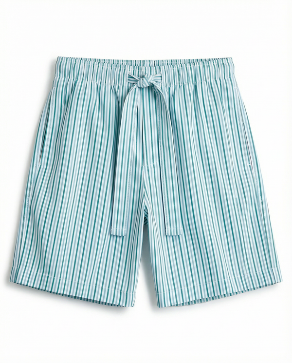 Mens Sleep Short in Green Blue White Stripe  100% BCI Cotton, Made in Portugal
