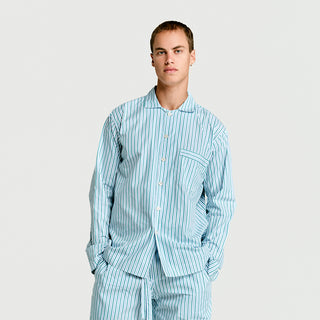 
  Mens Long Sleeve Sleepwear (Pajamas) Shirt in Ls Green Blue White Stripe  100% BCI Cotton, Made in Portugal
