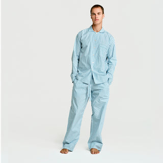 
  Mens Long Sleeve and Pant Sleepwear (Pajamas) Set in Green Blue White Stripe 100% BCI Cotton, Made in Portugal
