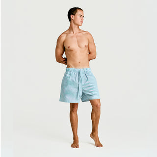 
  Mens Sleep Short in Green Blue White Stripe  100% BCI Cotton, Made in Portugal
