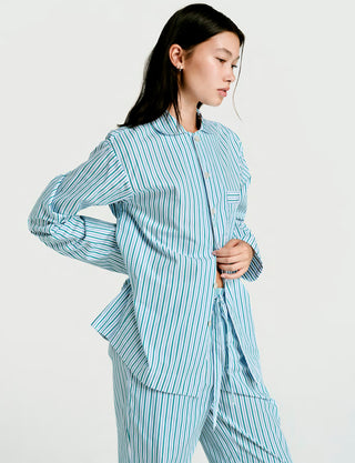 
  Mens Long Sleeve Sleepwear (Pajamas) Shirt in Ls Green Blue White Stripe  100% BCI Cotton, Made in Portugal
