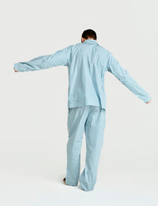 
  Mens Long Sleeve Sleepwear (Pajamas) Shirt in Ls Green Blue White Stripe  100% BCI Cotton, Made in Portugal
