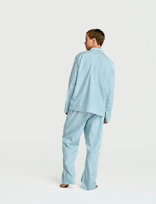 
  Mens Long Sleeve Sleepwear (Pajamas) Shirt in Ls Green Blue White Stripe  100% BCI Cotton, Made in Portugal
