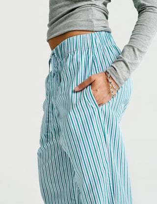 
  Mens Sleep Pant in Green Blue White Stripe  100% BCI Cotton, Made in Portugal
