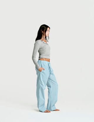 
  Mens Sleep Pant in Green Blue White Stripe  100% BCI Cotton, Made in Portugal
