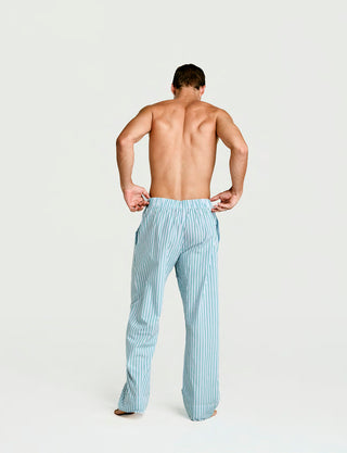 
  Mens Sleep Pant in Green Blue White Stripe  100% BCI Cotton, Made in Portugal

