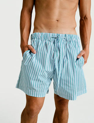 
  Mens Sleep Short in Green Blue White Stripe  100% BCI Cotton, Made in Portugal
