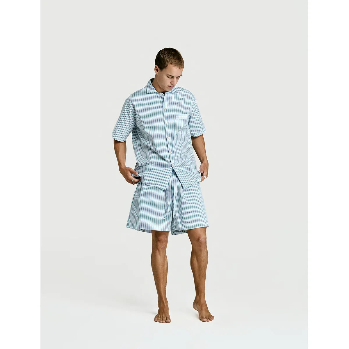 Short Sleeve & Short Set — Green Stripe, worn