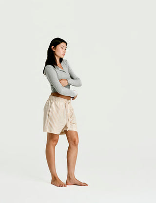 
  Mens Sleep Short in Latte Stripe  100% BCI Cotton, Made in Portugal
