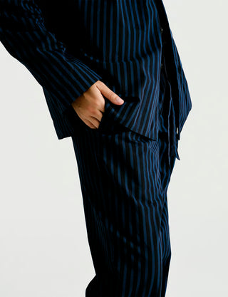 
  Mens Long Sleeve Sleepwear (Pajamas) Shirt in Ls Nav Black Stripe  100% BCI Cotton, Made in Portugal
