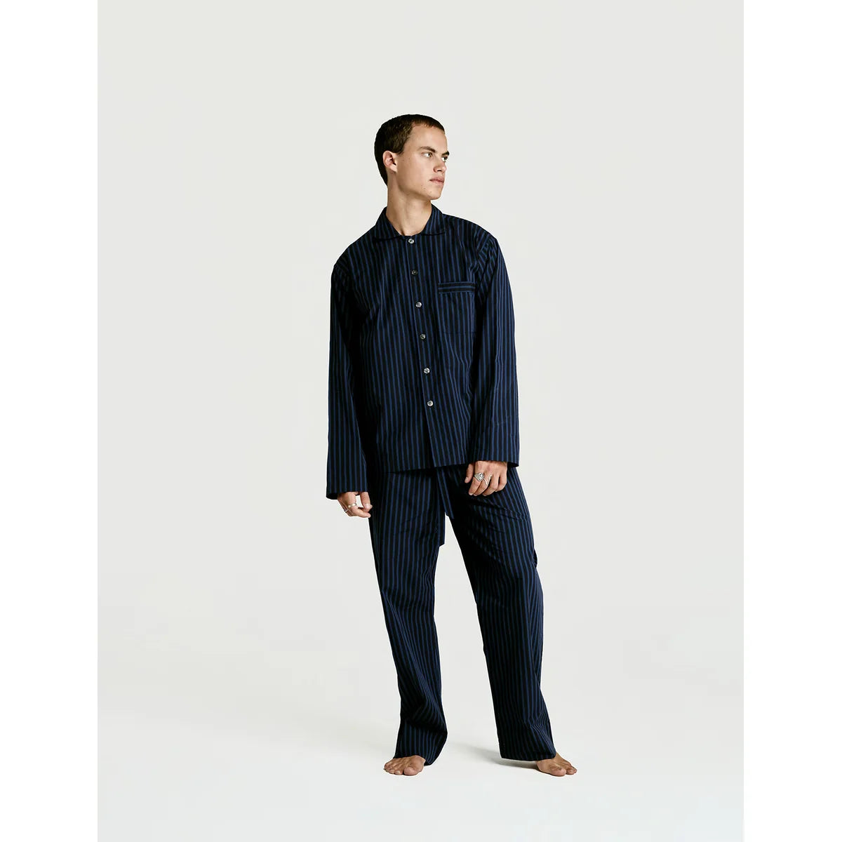 Long Sleeve & Pant Set — Navy Stripe, worn