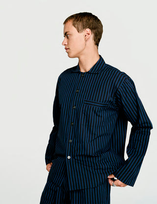 
  Mens Long Sleeve Sleepwear (Pajamas) Shirt in Ls Nav Black Stripe  100% BCI Cotton, Made in Portugal
