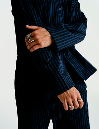 
  Mens Long Sleeve Sleepwear (Pajamas) Shirt in Ls Nav Black Stripe  100% BCI Cotton, Made in Portugal
