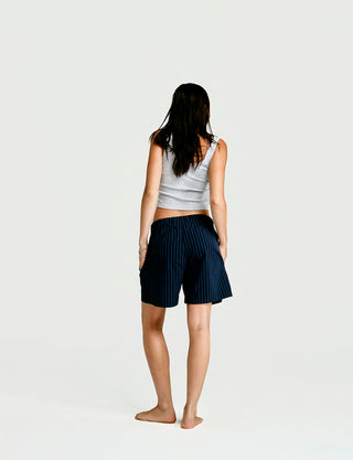 
  Mens Sleep Short in Nav Black Stripe  100% BCI Cotton, Made in Portugal
