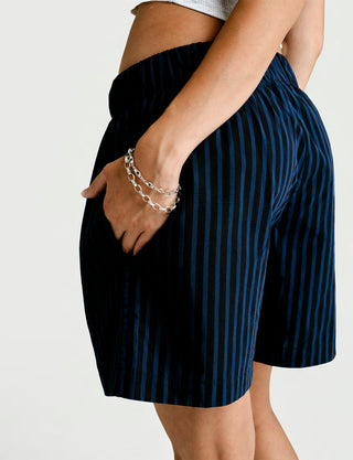 
  Mens Sleep Short in Nav Black Stripe  100% BCI Cotton, Made in Portugal
