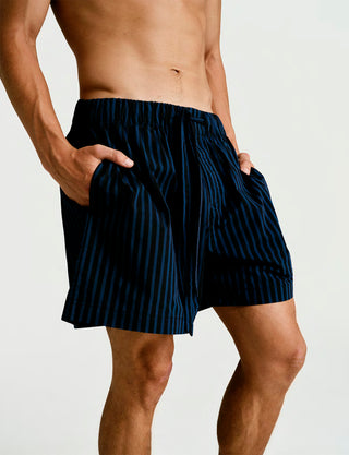 
  Mens Sleep Short in Nav Black Stripe  100% BCI Cotton, Made in Portugal
