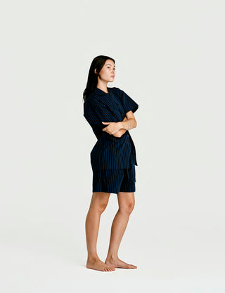 
  Mens Short Sleeve Sleepwear (Pajamas) Shirt in Nav Black Stripe  100% BCI Cotton, Made in Portugal
