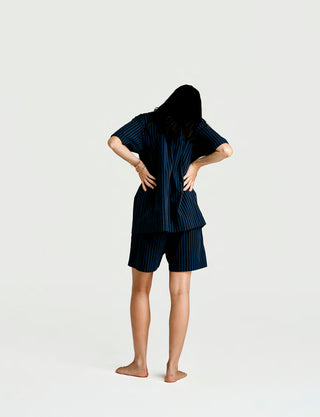 
  Mens Short Sleeve Sleepwear (Pajamas) Shirt in Nav Black Stripe  100% BCI Cotton, Made in Portugal
