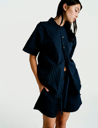 
  Mens Short Sleeve Sleepwear (Pajamas) Shirt in Nav Black Stripe  100% BCI Cotton, Made in Portugal
