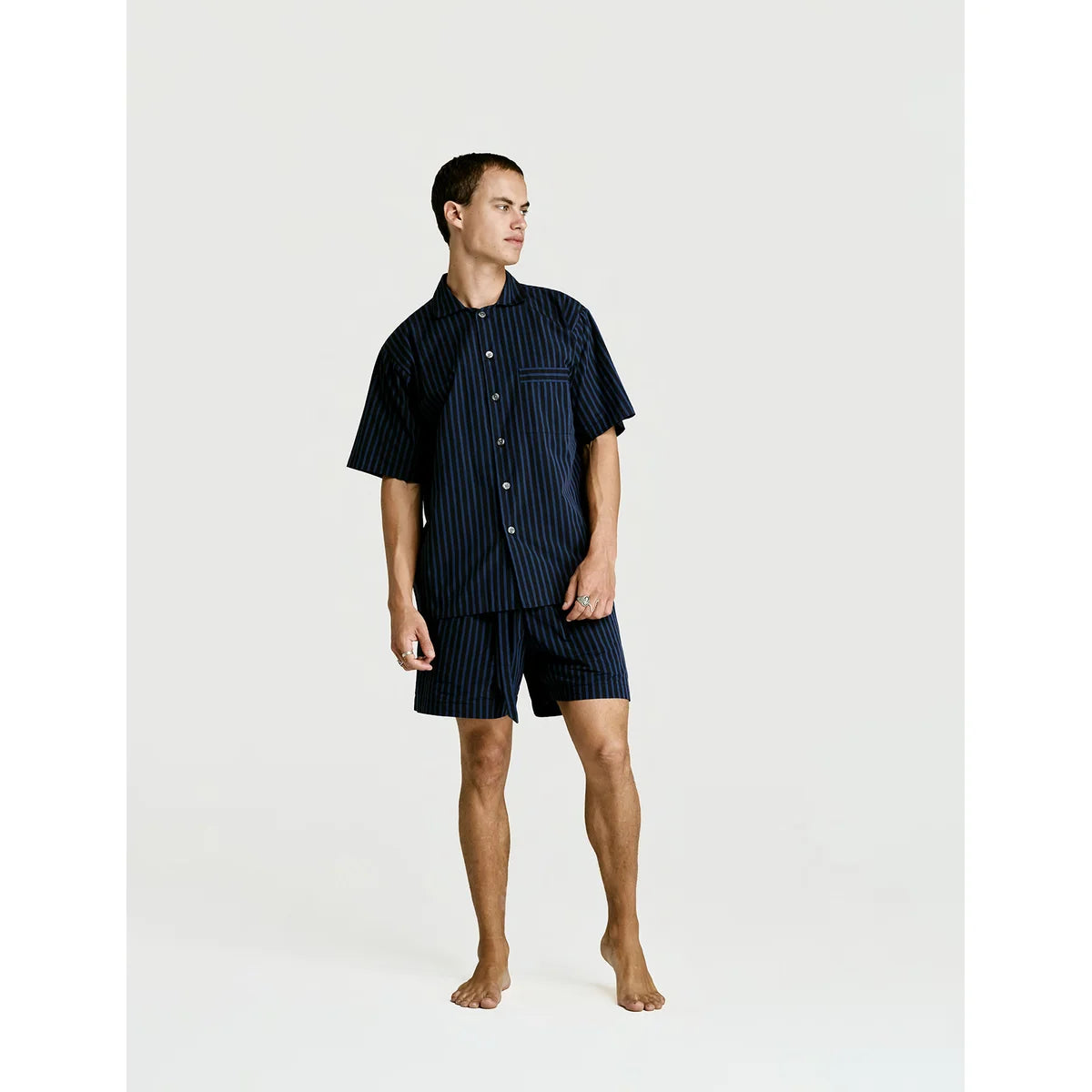 Short Sleeve & Short Set — Navy Stripe, worn