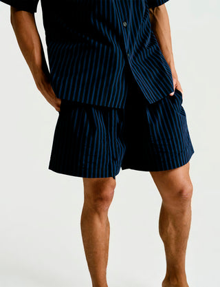 
  Mens Short Sleeve Sleepwear (Pajamas) Shirt in Nav Black Stripe  100% BCI Cotton, Made in Portugal
