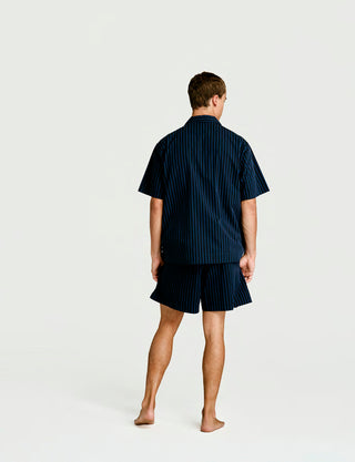 
  Mens Short Sleeve Sleepwear (Pajamas) Shirt in Nav Black Stripe  100% BCI Cotton, Made in Portugal
