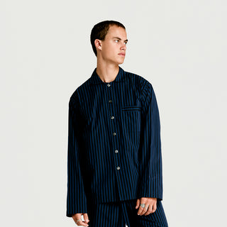 
  Mens Long Sleeve Sleepwear (Pajamas) Shirt in Ls Nav Black Stripe  100% BCI Cotton, Made in Portugal
