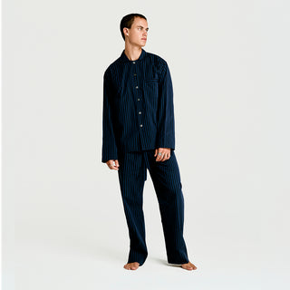 
  Mens Long Sleeve & Pant Sleepwear (Pajamas) Set in Navy Black Stripe 100% BCI Cotton, Made in Portugal
