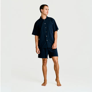 
  Mens Short Sleeve and short Sleepwear (Pajamas) Set in Navy Black Stripe  100% BCI Cotton, Made in Portugal
