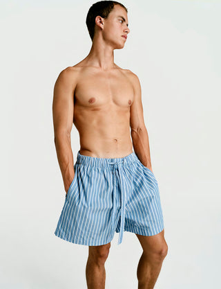 
  Mens Sleep Short in Sky Blue Stripe  100% BCI Cotton, Made in Portugal
