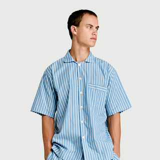 
  Mens Short Sleeve Sleepwear (Pajamas) Shirt in Sky Blue Stripe  100% BCI Cotton, Made in Portugal
